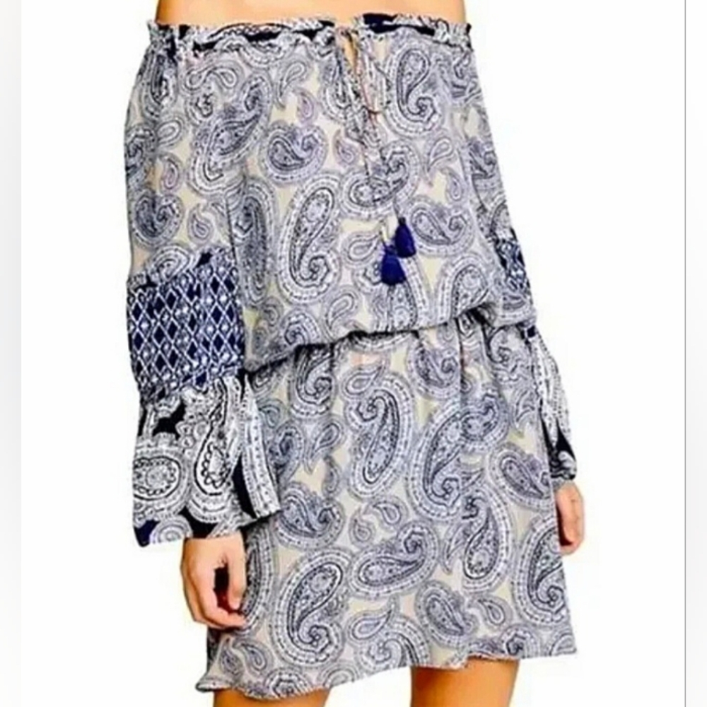 Ramy Brook Silk Paisley Off Shoulder Mini Dress Women's Sz Medium Blue Peach